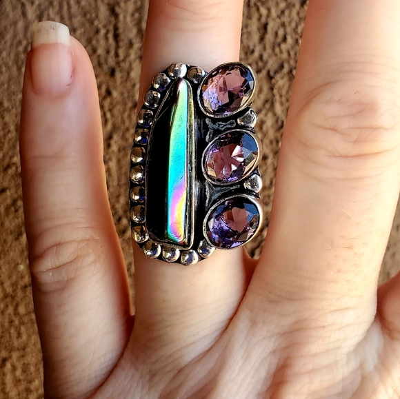 New Rainbow Hematite and Amethyst 925 Silver Ring. - Picture 2 of 16
